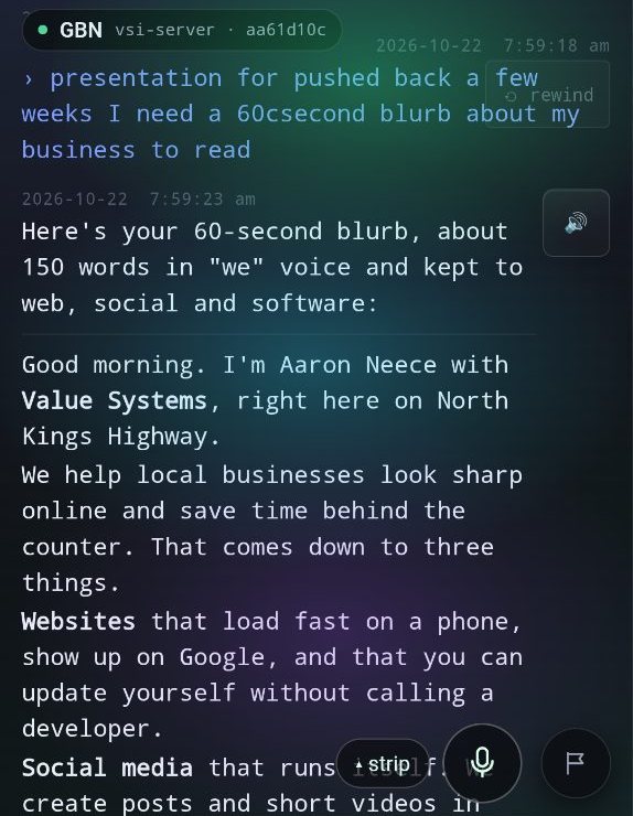 Phone screenshot, 7:59 am: the typed request 'presentation for pushed back a few weeks I need a 60csecond blurb about my business to read', and the AI's 60-second blurb starting to come back.