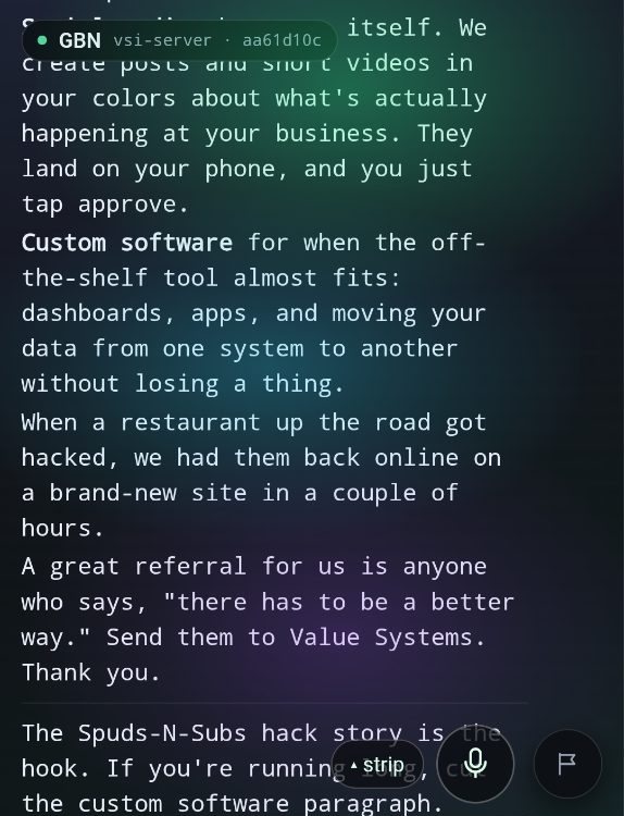Phone screenshot: the rest of the AI-written 60-second blurb, ending with the referral ask and 'Thank you.'