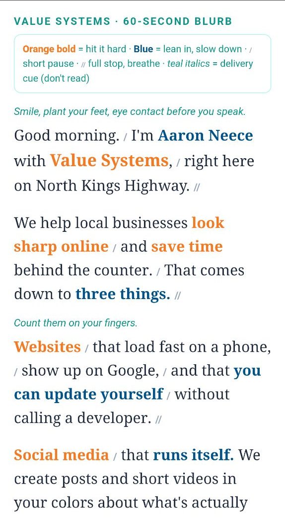 Phone screenshot of the color-coded script made afterwards: orange bold words to hit, blue phrases to slow down, slashes for pauses and teal delivery cues.