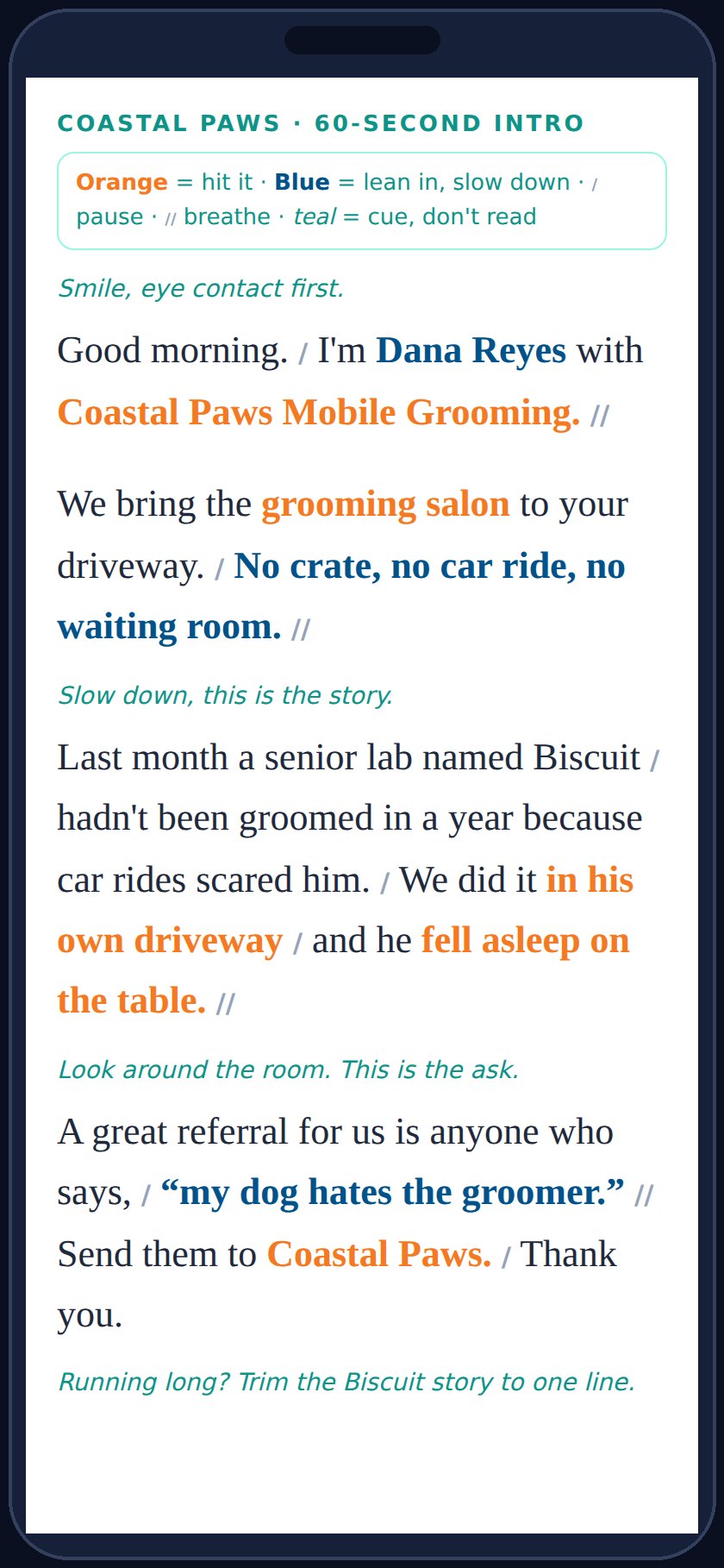 Example result: a 60-second networking intro for a sample business, Coastal Paws Mobile Grooming, shown on a phone. Orange bold words mean hit them hard, blue phrases mean slow down, slashes mark pauses, and teal italic cues like 'Look around the room, this is the ask' are delivery reminders you don't read aloud. Make your own with the free prompt from Value Systems at valuesystemspos.com.